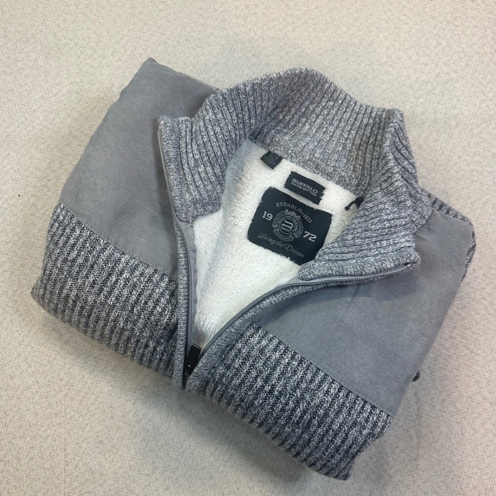 Buffalo David Bitton Zip Sweater Mens XL Grey Ribbed Faux Shearling Lined Jacket
